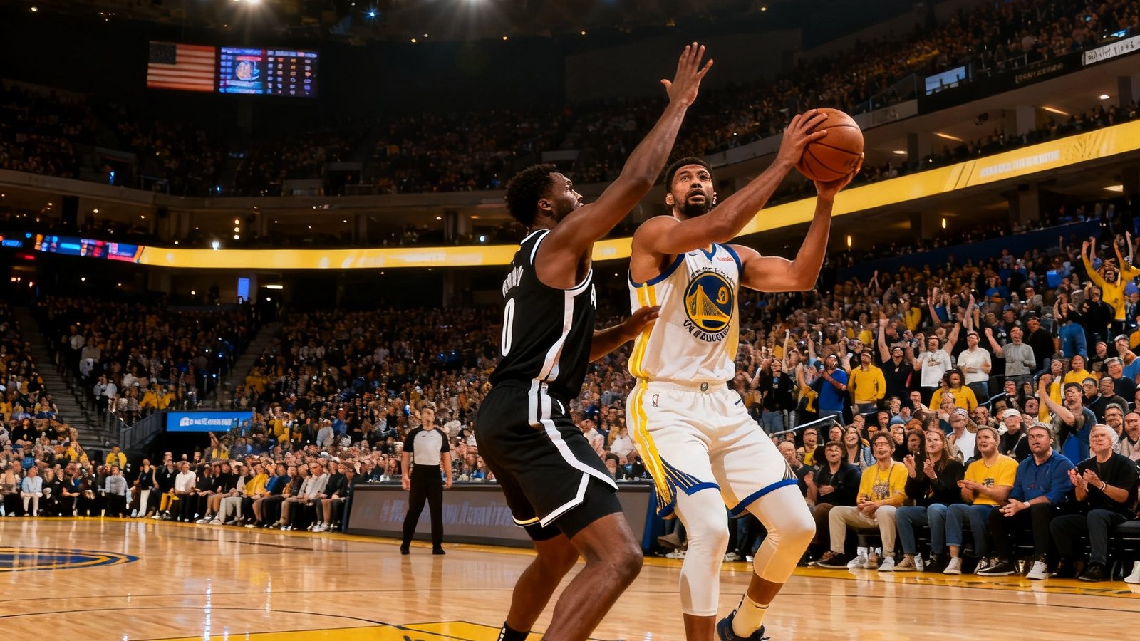 NBA比赛直播间的实况画面，两名球员在篮下激烈对抗，观众席座无虚席，场地灯光璀璨